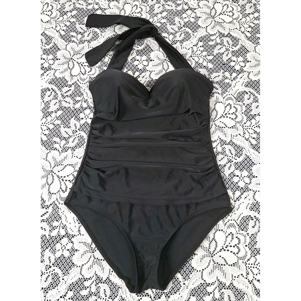 Cocoship Swimsuit Woman's Size M Solid Black One Piece Built-in Bra Halter Top - Picture 2 of 12